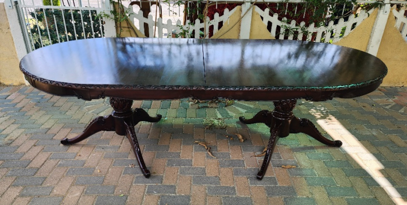 CARVED MAHOGANY DININGROOM TABLE, PRICE R14950.00 ; SIZE: {302CM X 122 X 76H}