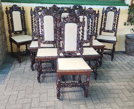 SET OF 10 CARVED OAK JACOBEAN CHAIRS , PRICE: R22500.00 SET