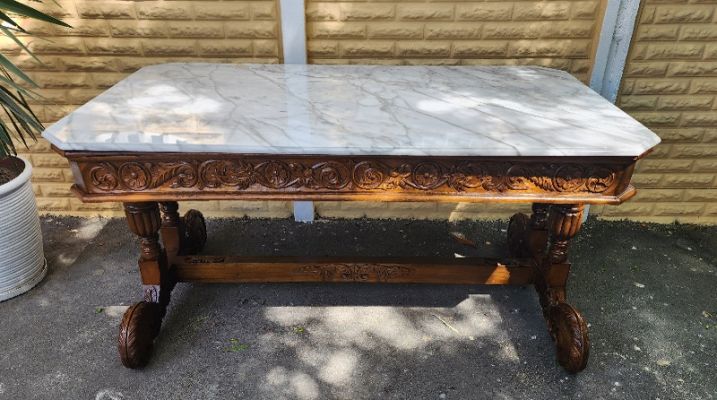 CARVED INDONESIAN MARBLE TOP WINE TASTING TABLE   PRICE: R12950.00 ; {164CM X 94 X 82H}