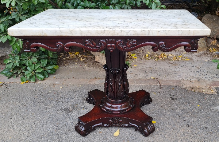 HANDSOME MARBLE TOP CARVED HALL TABLE   PRICE: R13500.00 ; {102CM X 61 X 74H}