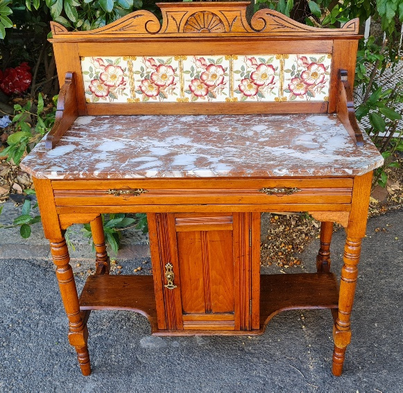 SATINWOOD WASH STAND WITH ORIGINAL TILES   PRICE: R4700.00 ; {91CM X 46 X 72H}