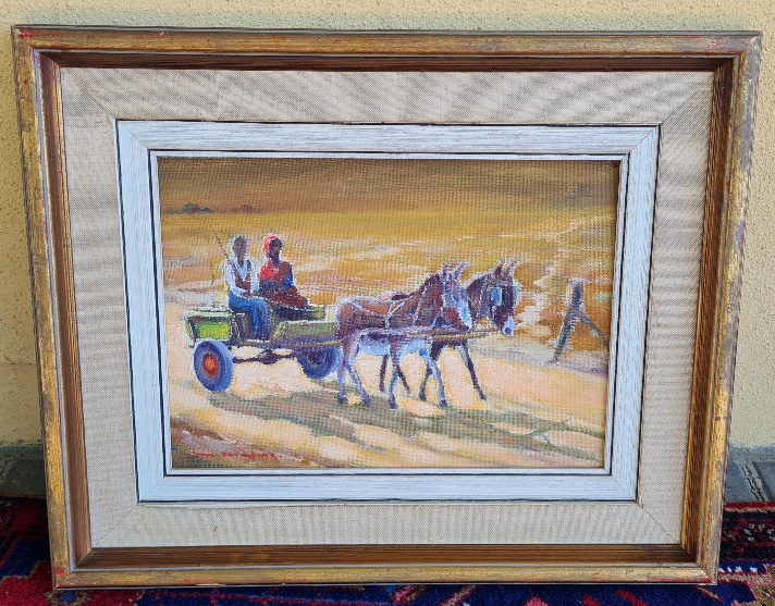 OIL ON BOARD : HORSE AND CART   PRICE: R1950.00 ; {53CM X 43}