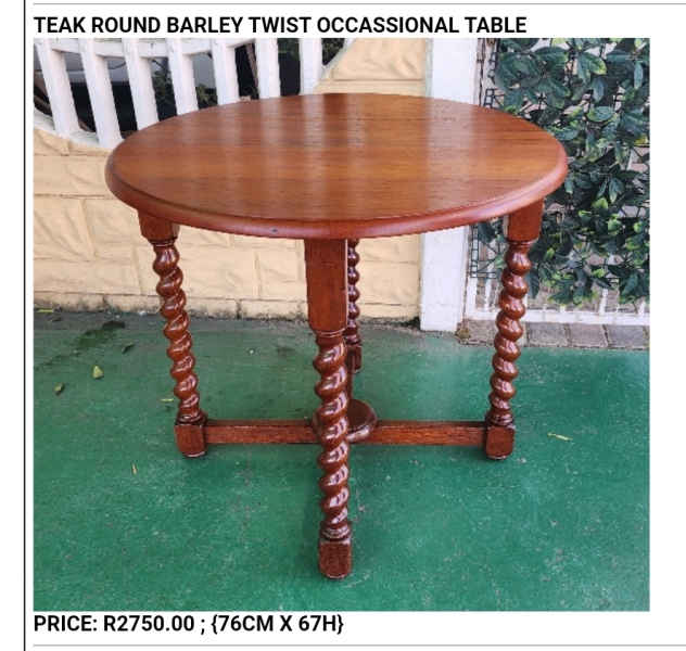 TEAK ROUND BARLEY TWIST OCCASSIONAL TABLE   PRICE: R2750.00 ; {76CM X 67H}
