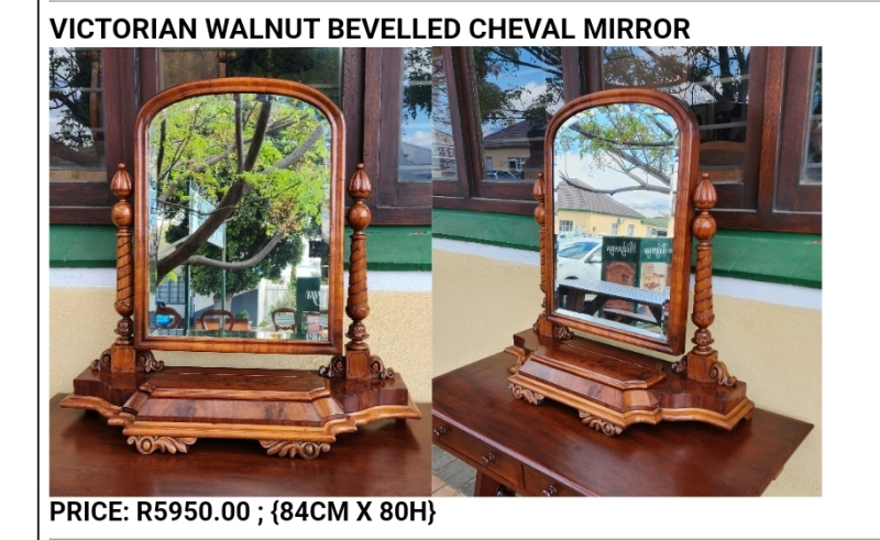 VICTORIAN WALNUT BEVELLED CHEVAL MIRROR    PRICE: R5950.00 ; {84CM X 80H}