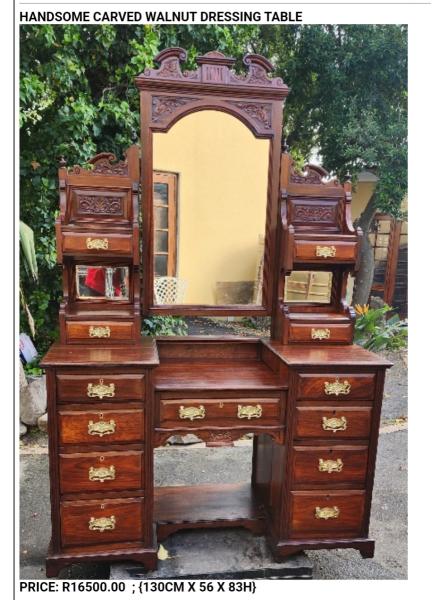 HANDSOME CARVED WALNUT DRESSING TABLE   PRICE: R16500.00  ; {130CM X 56 X 83H}