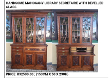 HANDSOME MAHOGANY LIBRARY SECRETAIRE WITH BEVELLED GLASS    PRICE: R32500.00 ; {153CM X 50 X 230H}