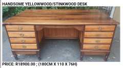 HANDSOME YELLOWWOOD/STINKWOOD DESK   PRICE: R18900.00 ; {180CM X 110 X 76H}